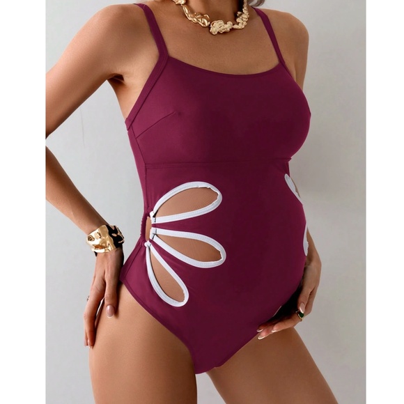 Maternity Cut out Color Block One Piece Monokini Swimsuit - Picture 1 of 8